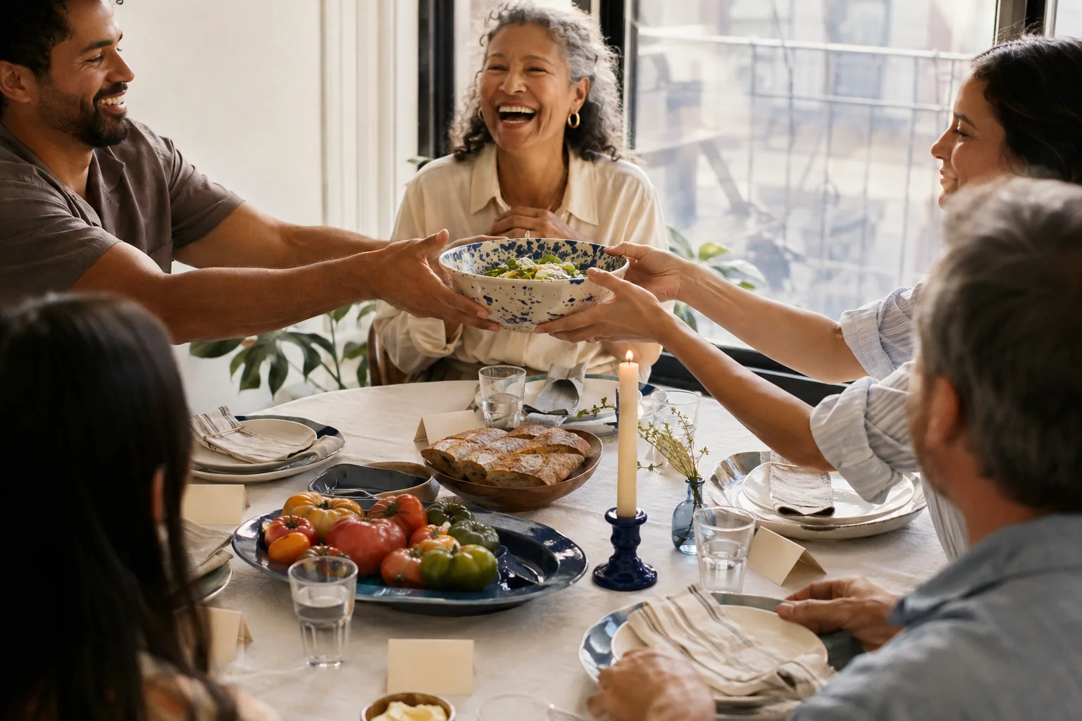 Family passing a bowl around a sunlit table while an older relative laughs.