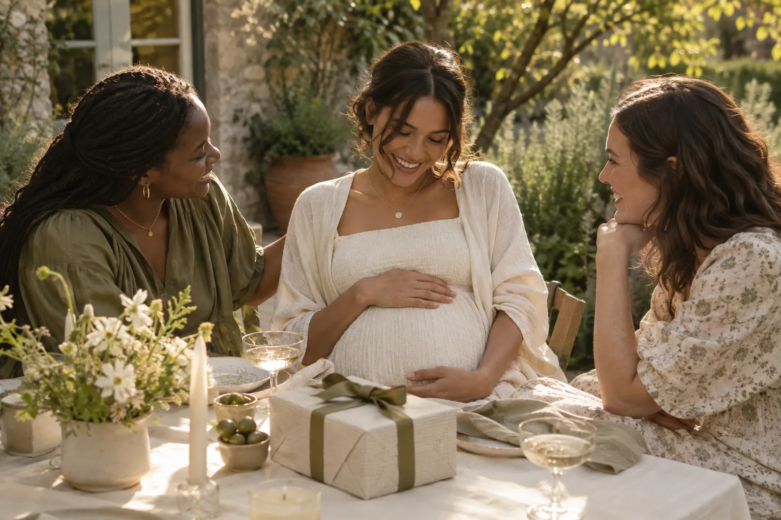An expectant parent and two friends sharing a quiet afternoon at a garden baby shower.