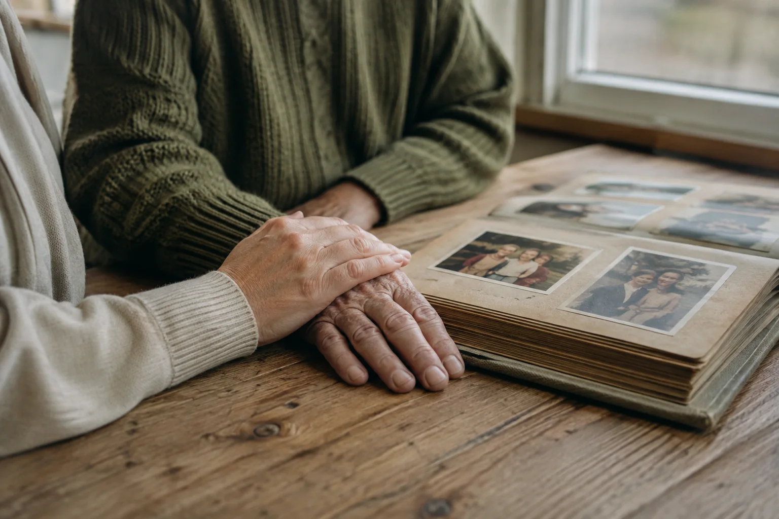 One hand resting gently over another beside an open family photo album.