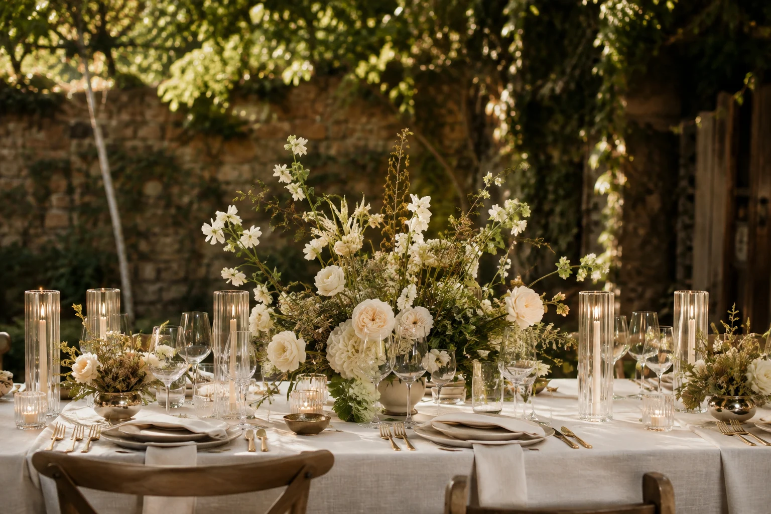 A long garden table set with white flowers and candlelight under the trees.